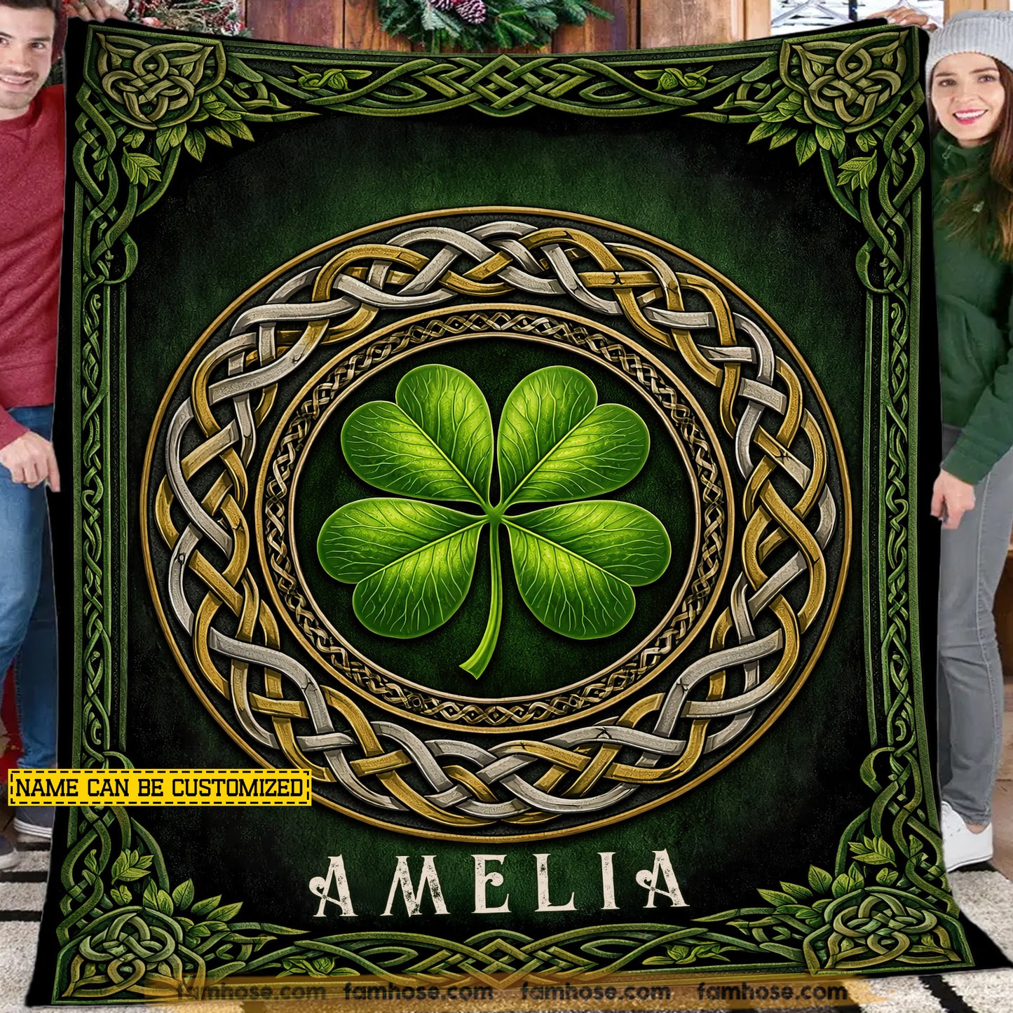 Personalized Four-Leaf Clover Fleece Blanket, Celtic Knot, Irish Heart, Personal Legacy Woven Blanket, Sherpa Blanket St Patrick's Day Gift For For Irish Lover