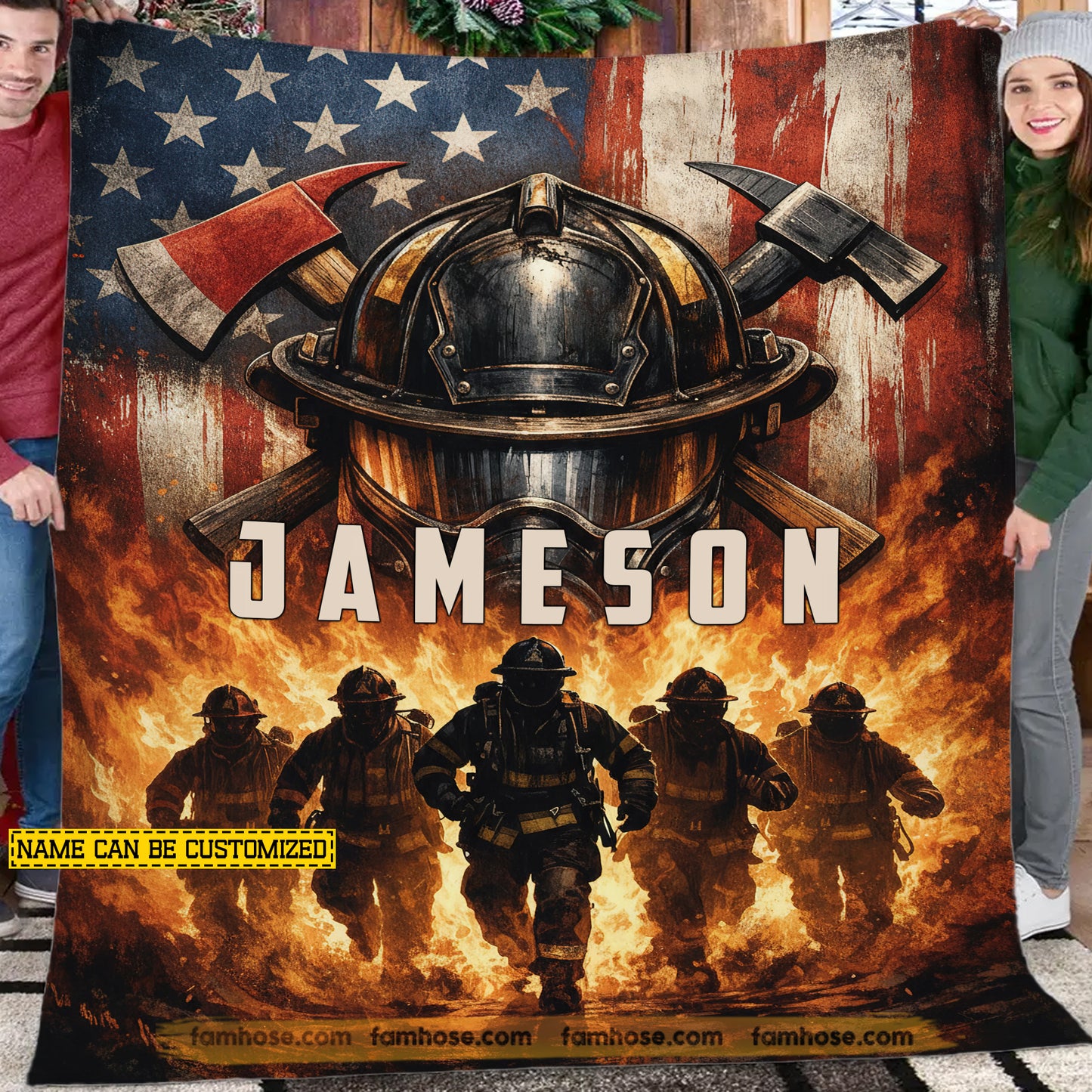 Personalized Firefighter Fleece Blanket, American Heroes Firefighter Woven Blanket, Sherpa Blanket Gift For Firefighters