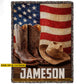 Personalized Cowboy Fleece Blanket, Cowboy Boots Hat USA Flag Woven Blanket, Sherpa Blanket Gift For Cowboy