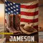 Personalized Cowboy Fleece Blanket, Cowboy Boots Hat USA Flag Woven Blanket, Sherpa Blanket Gift For Cowboy