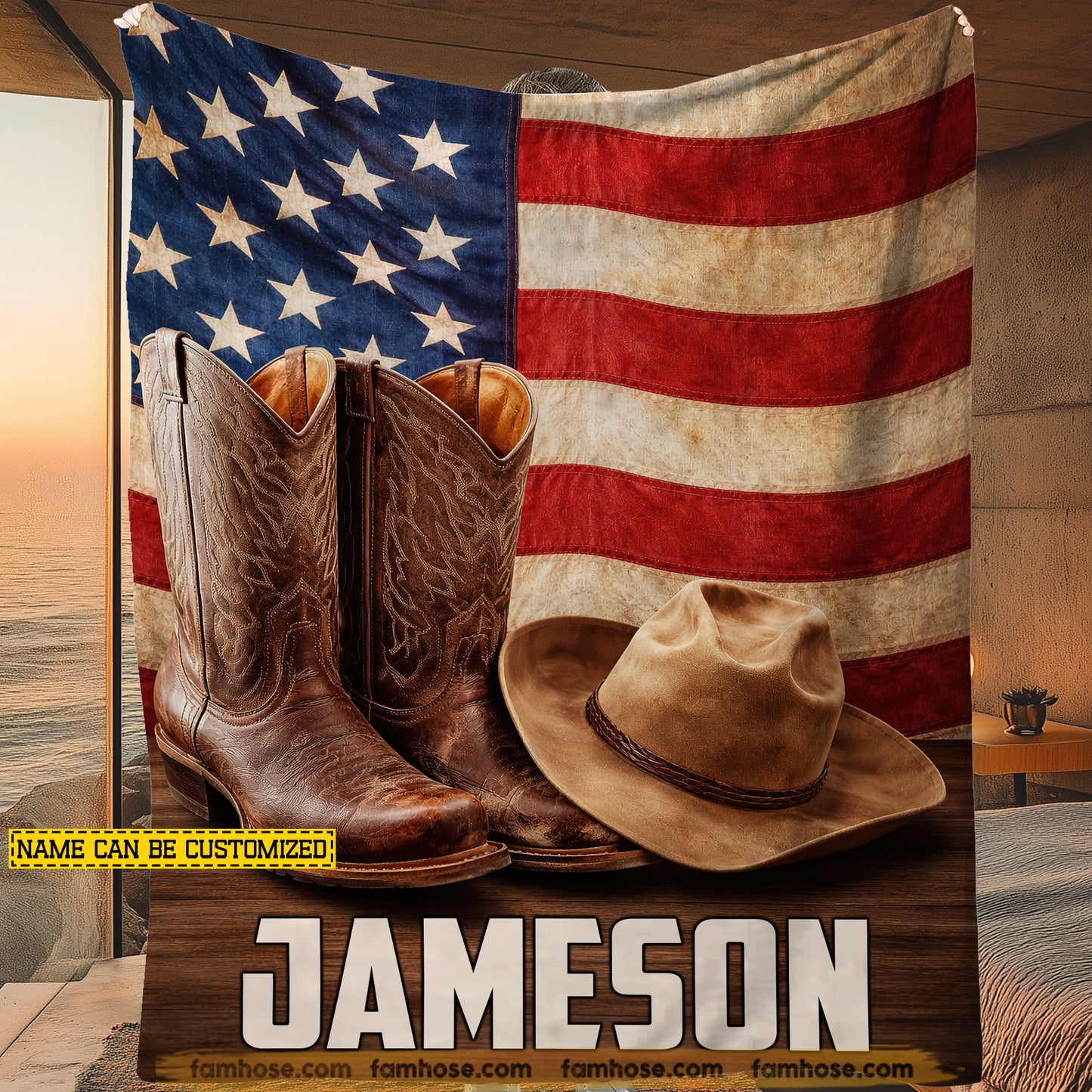 Personalized Cowboy Fleece Blanket, Cowboy Boots Hat USA Flag Woven Blanket, Sherpa Blanket Gift For Cowboy