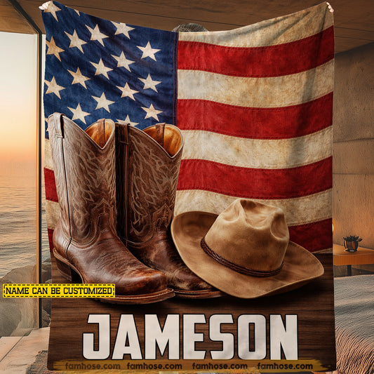Personalized Cowboy Fleece Blanket, Cowboy Boots Hat USA Flag Woven Blanket, Sherpa Blanket Gift For Cowboy