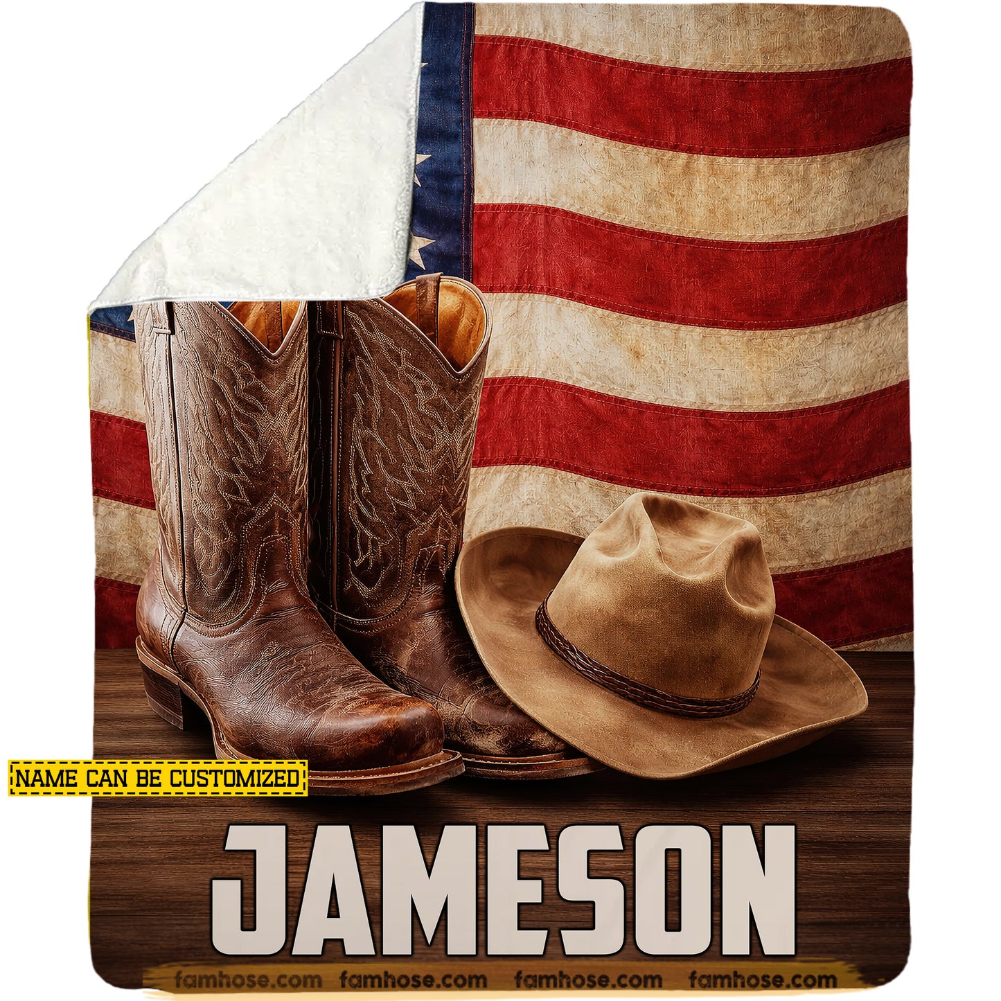 Personalized Cowboy Fleece Blanket, Cowboy Boots Hat USA Flag Woven Blanket, Sherpa Blanket Gift For Cowboy