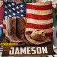 Personalized Cowboy Fleece Blanket, Cowboy Boots Hat USA Flag Woven Blanket, Sherpa Blanket Gift For Cowboy