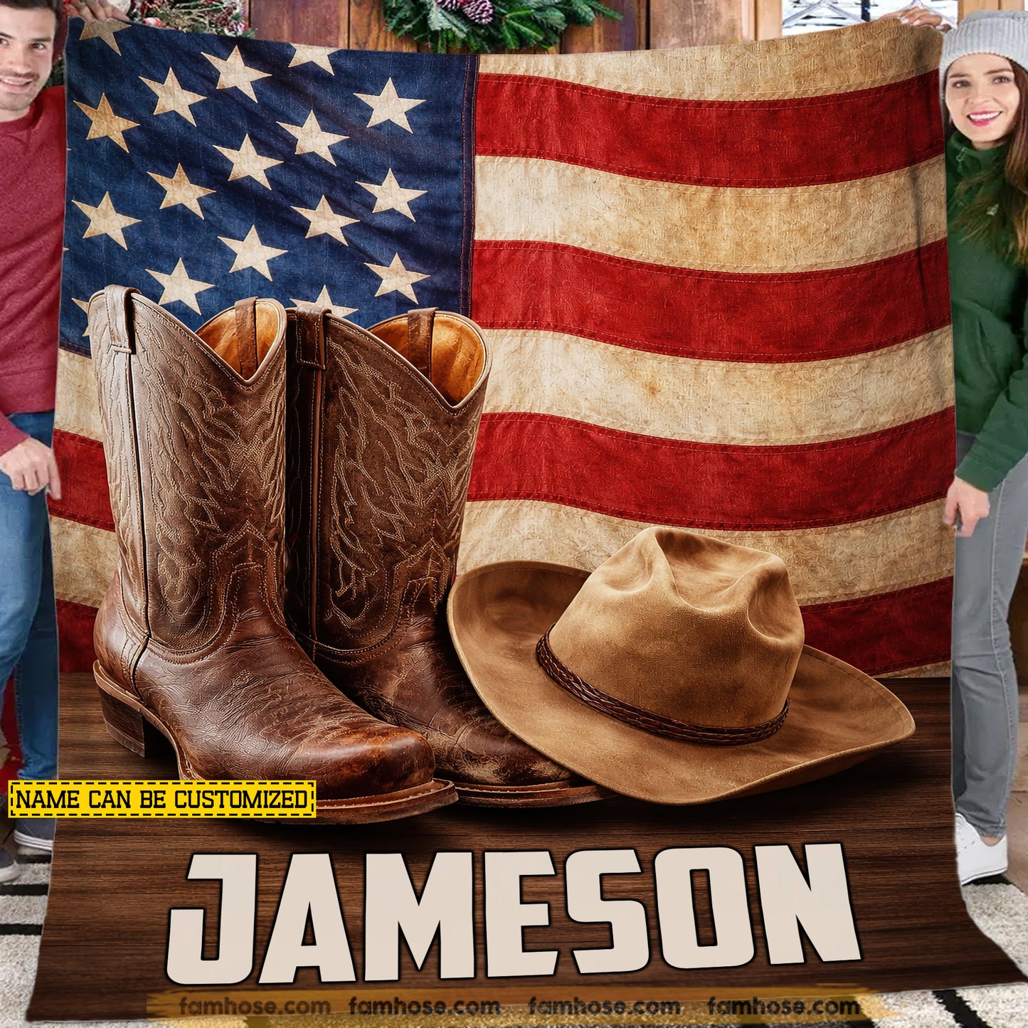 Personalized Cowboy Fleece Blanket, Cowboy Boots Hat USA Flag Woven Blanket, Sherpa Blanket Gift For Cowboy