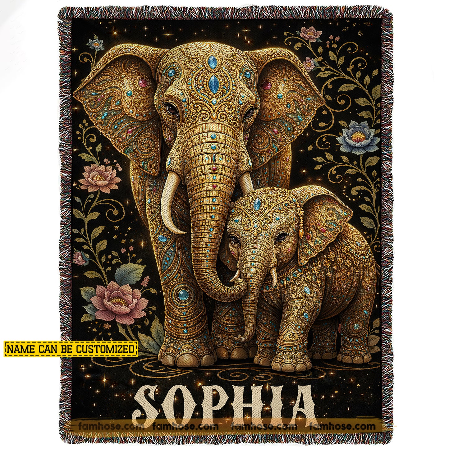 Personalized Elephant Fleece Blanket, Golden Elephant Mother And Baby Woven Blanket, Sherpa Blanket Gift For Elephant Lover