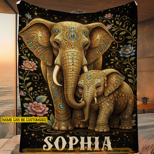 Personalized Elephant Fleece Blanket, Golden Elephant Mother And Baby Woven Blanket, Sherpa Blanket Gift For Elephant Lover