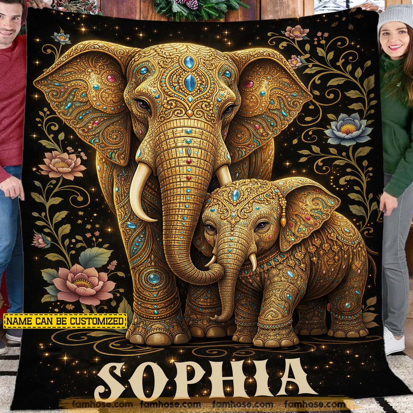 Personalized Elephant Fleece Blanket, Golden Elephant Mother And Baby Woven Blanket, Sherpa Blanket Gift For Elephant Lover