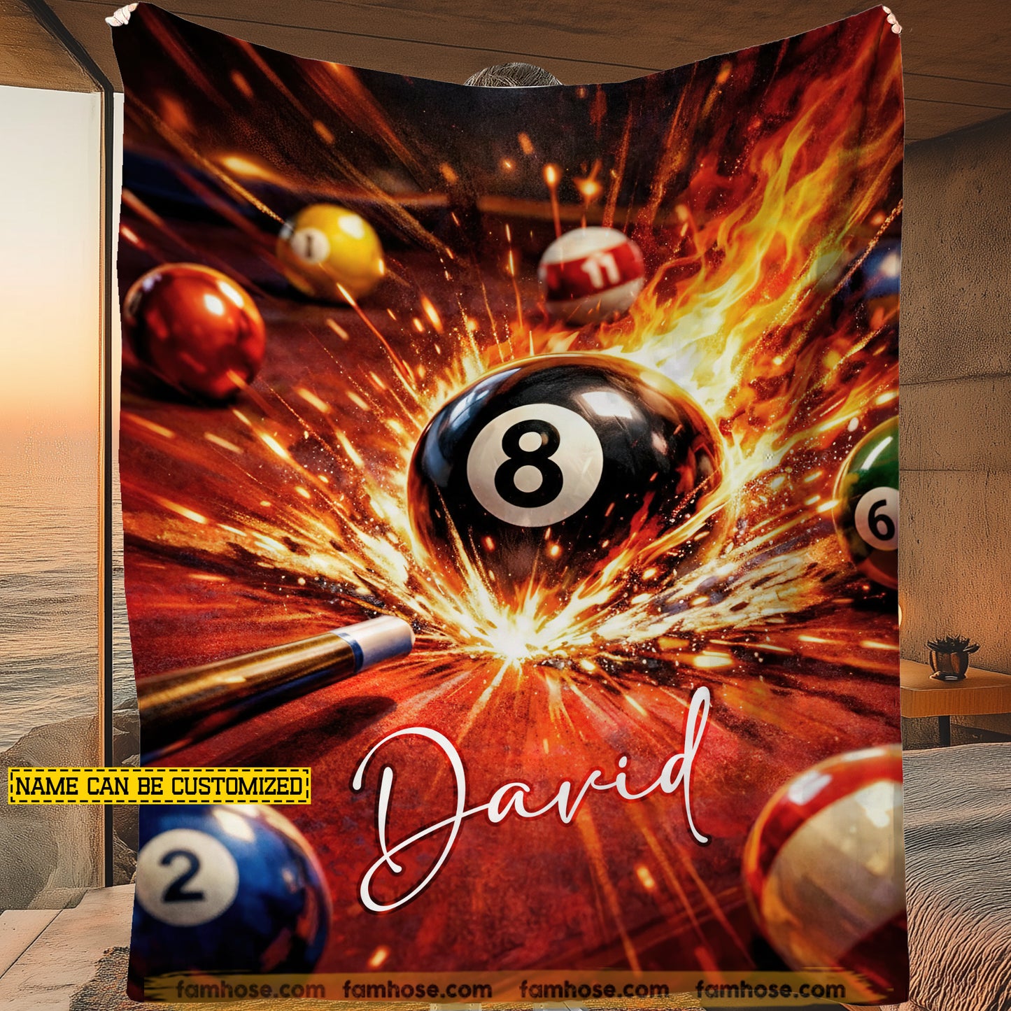 Personalized Billiards Fleece Blanket, Fiery 8 Ball Break Shot Woven Blanket, Sherpa Blanket Gift For Billiard Lover