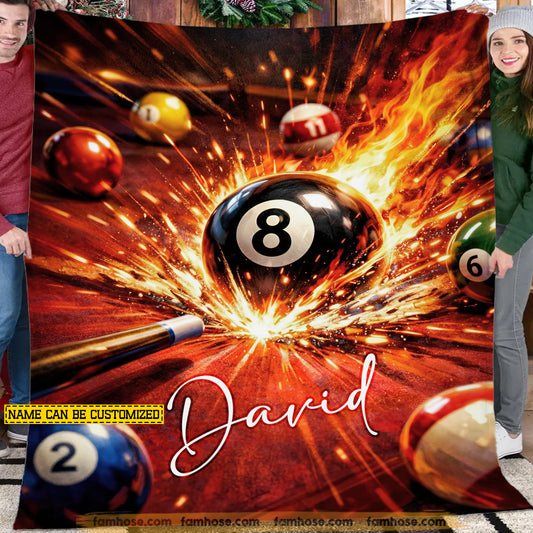 Personalized Billiards Fleece Blanket, Fiery 8 Ball Break Shot Woven Blanket, Sherpa Blanket Gift For Billiard Lover