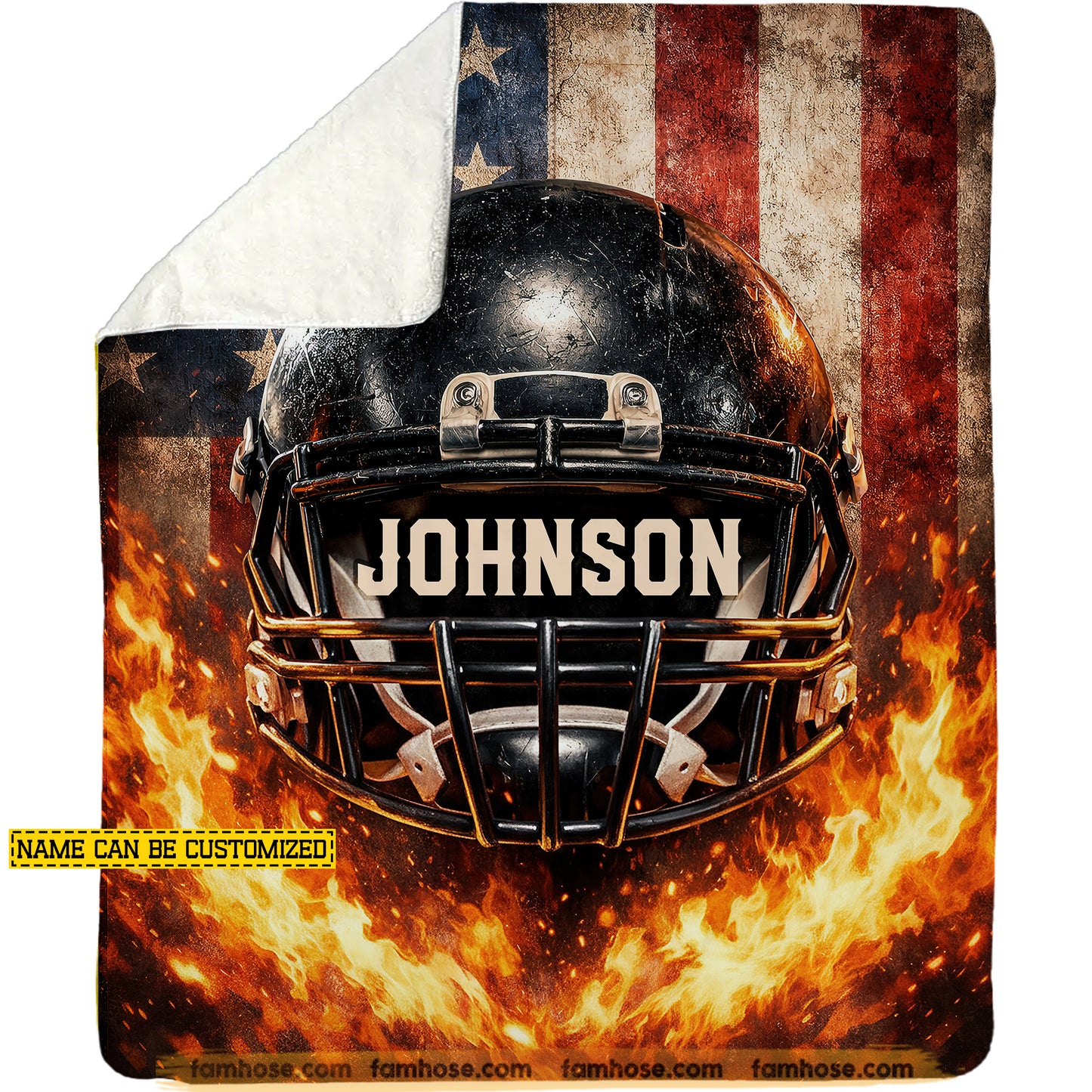Personalized Football Fleece Blanket, American Football Helmet Woven Blanket, USA Flag Sherpa Blanket Gift For Football Lover