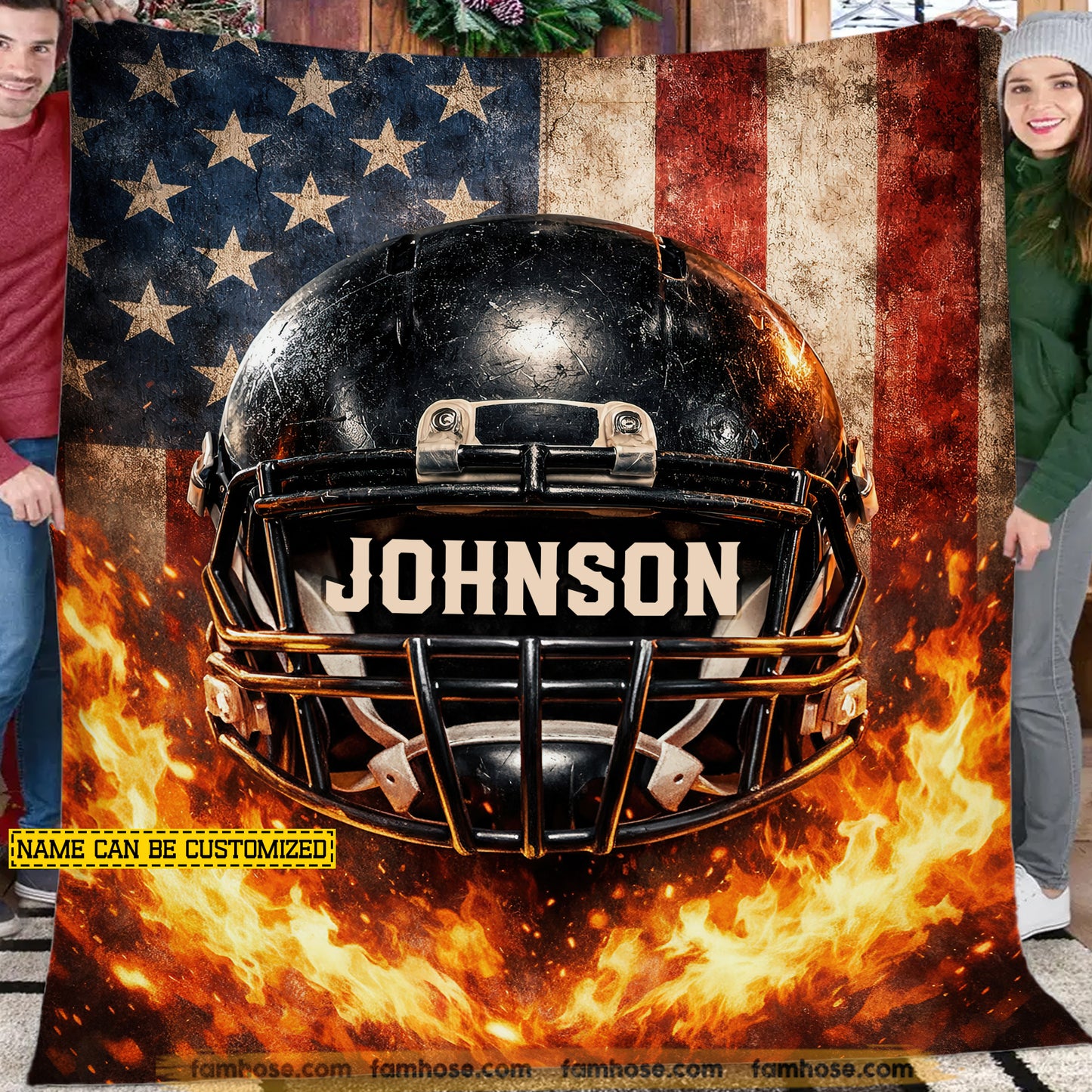 Personalized Football Fleece Blanket, American Football Helmet Woven Blanket, USA Flag Sherpa Blanket Gift For Football Lover