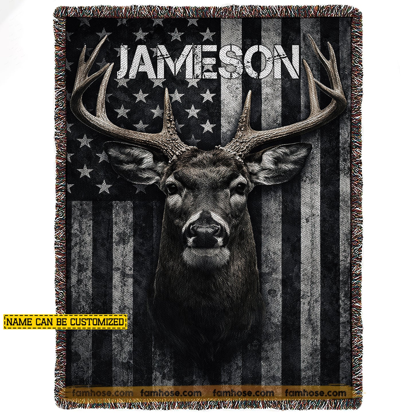 Personalized Dear Hunting Fleece Blanket, Majestic Buck With USA Flag Woven Blanket, Sherpa Blanket Gift For Hunting Lover
