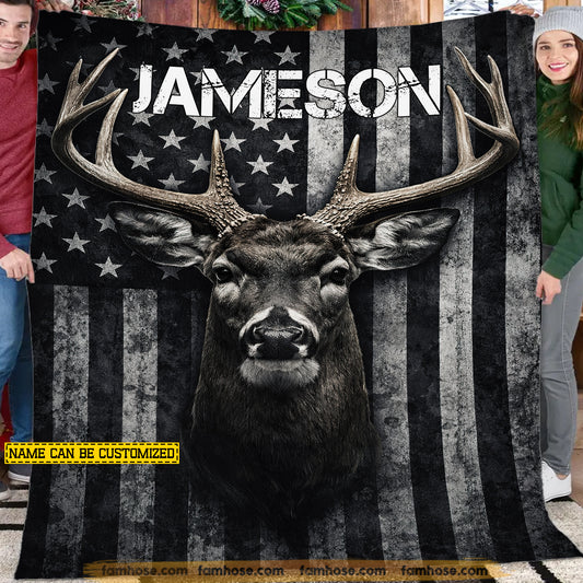 Personalized Dear Hunting Fleece Blanket, Majestic Buck With USA Flag Woven Blanket, Sherpa Blanket Gift For Hunting Lover