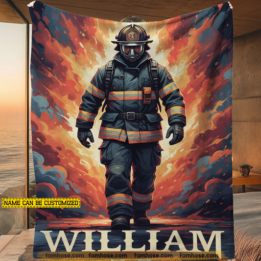 Personalized Firefighter Fleece Blanket, Brave Fireman In Flames Woven Blanket, Sherpa Blanket Gift For Firefighters