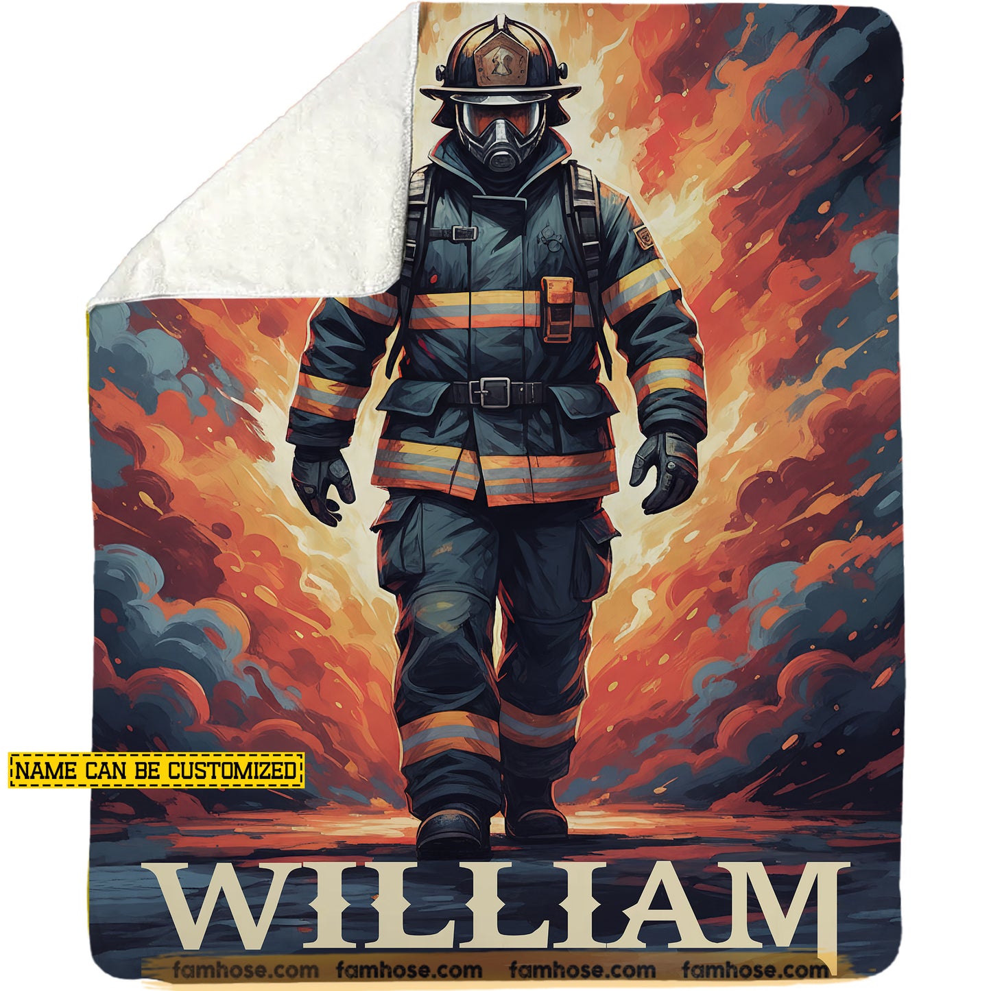 Personalized Firefighter Fleece Blanket, Brave Fireman In Flames Woven Blanket, Sherpa Blanket Gift For Firefighters