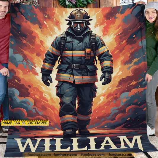Personalized Firefighter Fleece Blanket, Brave Fireman In Flames Woven Blanket, Sherpa Blanket Gift For Firefighters