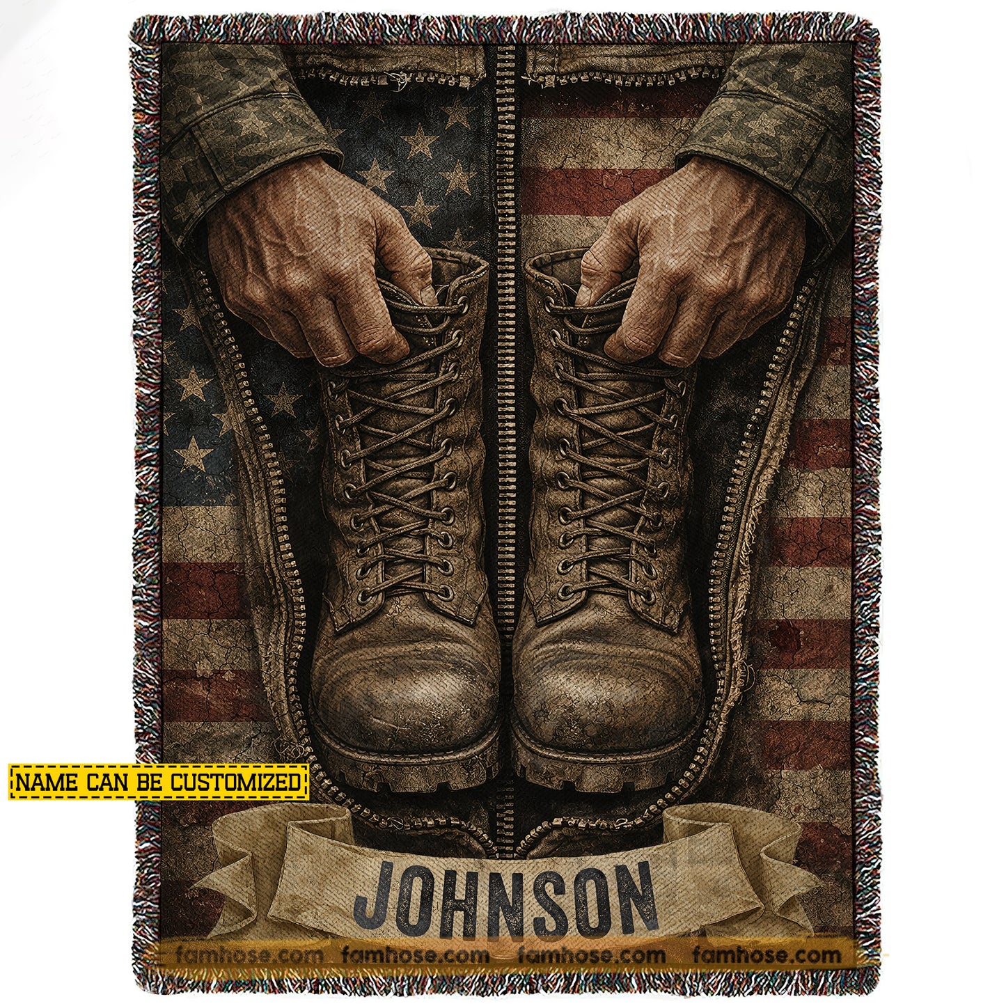 Personalized Veterans Fleece Blanket, Army Boots And Hands With USA Flag Woven Blanket, Sherpa Blanket Gift For Veteran Lover