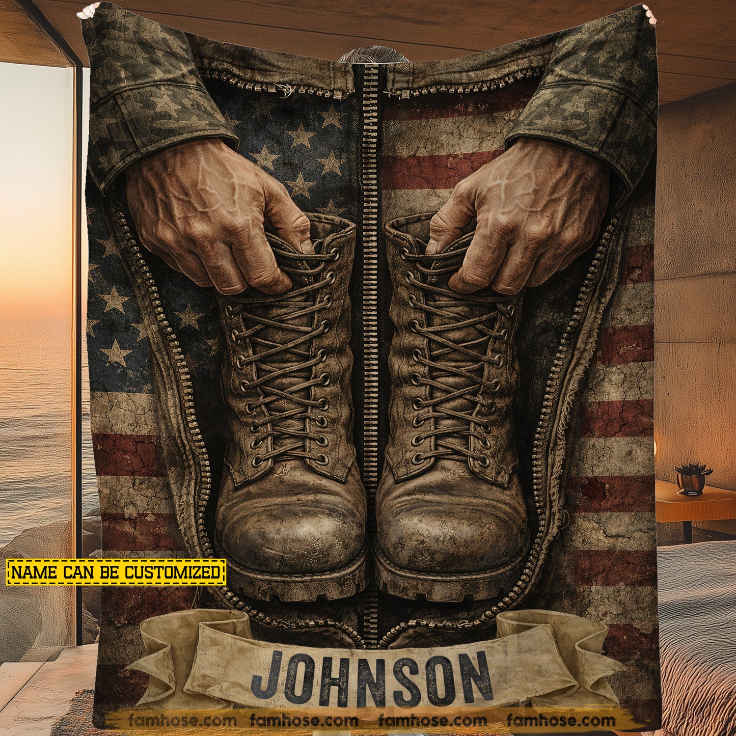 Personalized Veterans Fleece Blanket, Army Boots And Hands With USA Flag Woven Blanket, Sherpa Blanket Gift For Veteran Lover