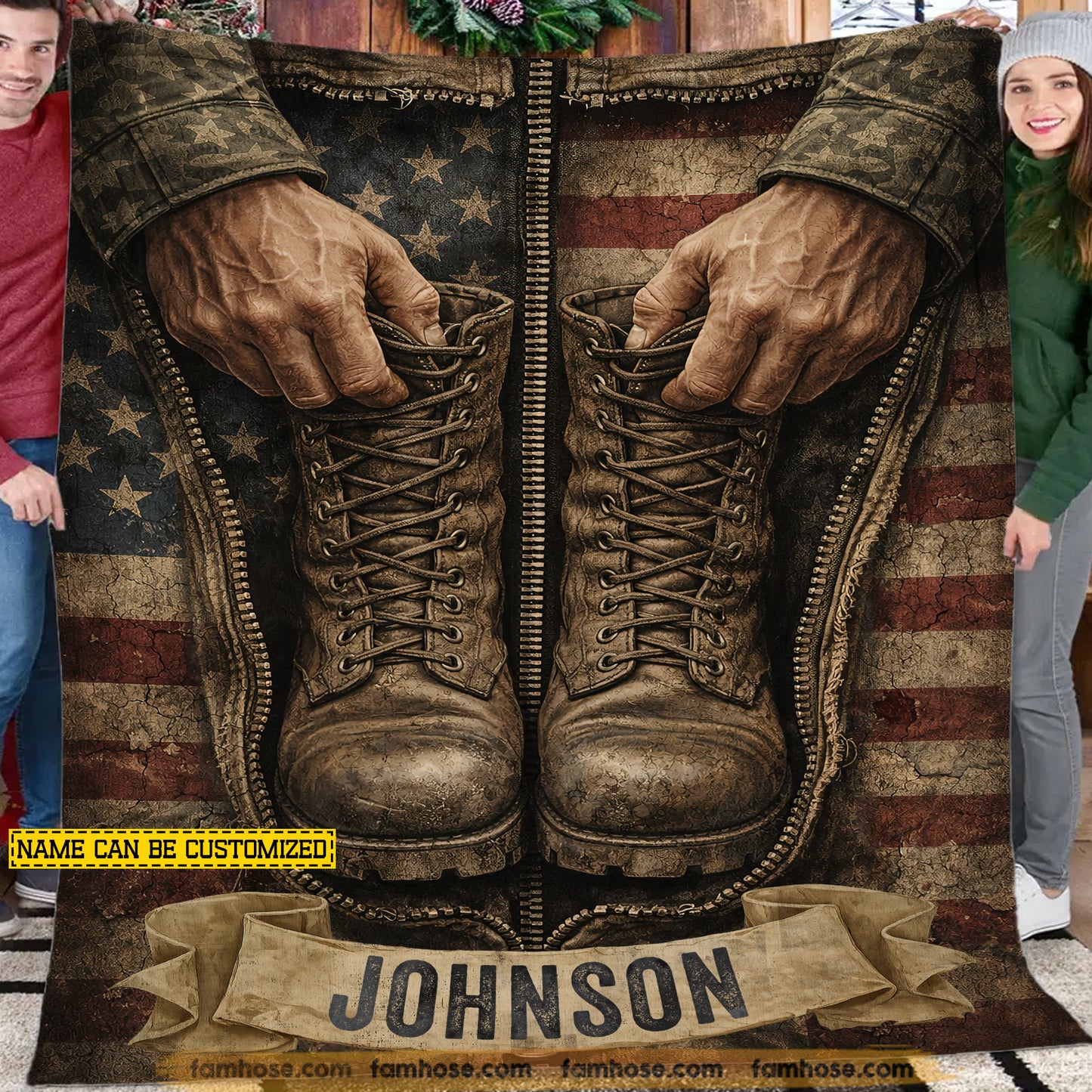 Personalized Veterans Fleece Blanket, Army Boots And Hands With USA Flag Woven Blanket, Sherpa Blanket Gift For Veteran Lover