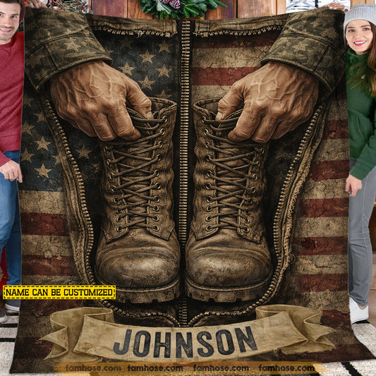 Personalized Veterans Fleece Blanket, Army Boots And Hands With USA Flag Woven Blanket, Sherpa Blanket Gift For Veteran Lover