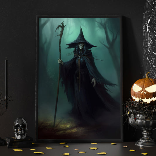 The Dark Old Witch Moonlight In Forest Halloween Canvas Painting, Wall Art Decor - Dark Surreal Ghost Halloween Poster Gift