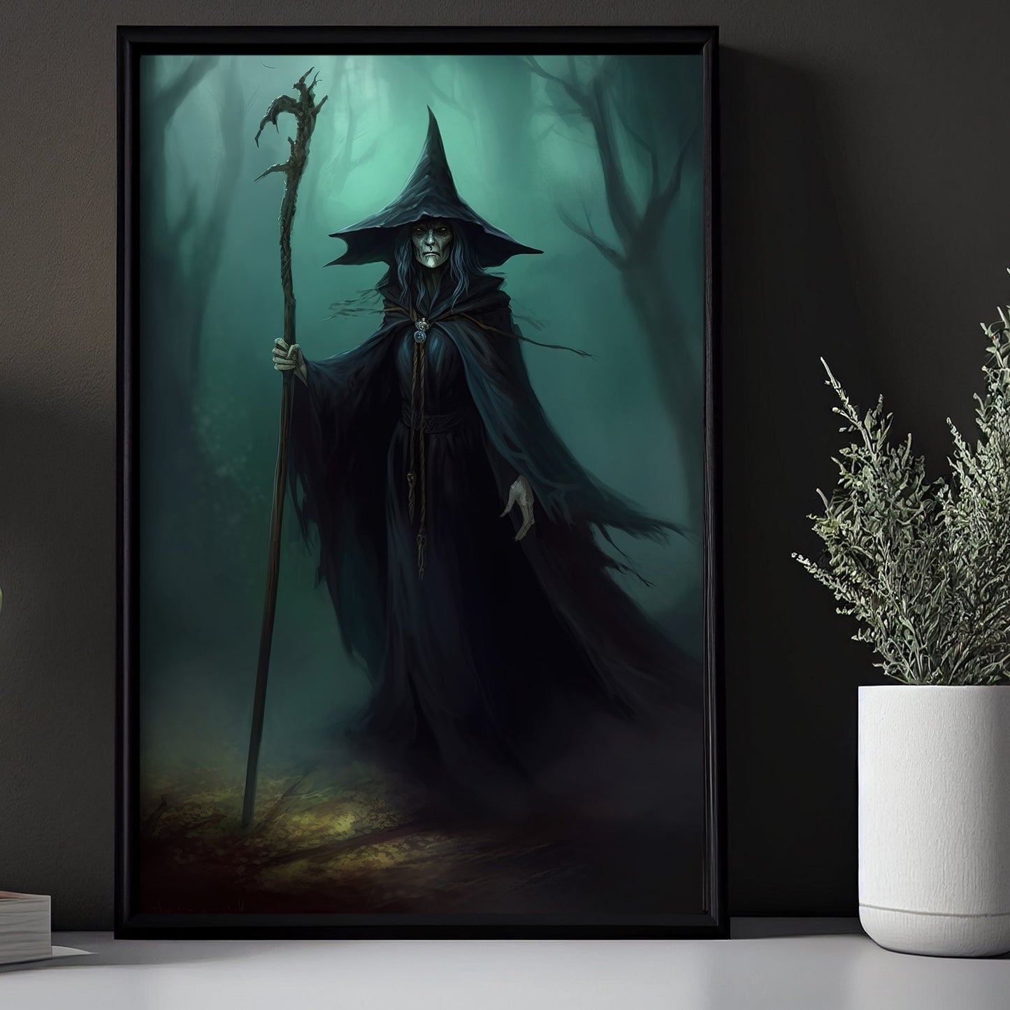 The Dark Old Witch Moonlight In Forest Halloween Canvas Painting, Wall Art Decor - Dark Surreal Ghost Halloween Poster Gift