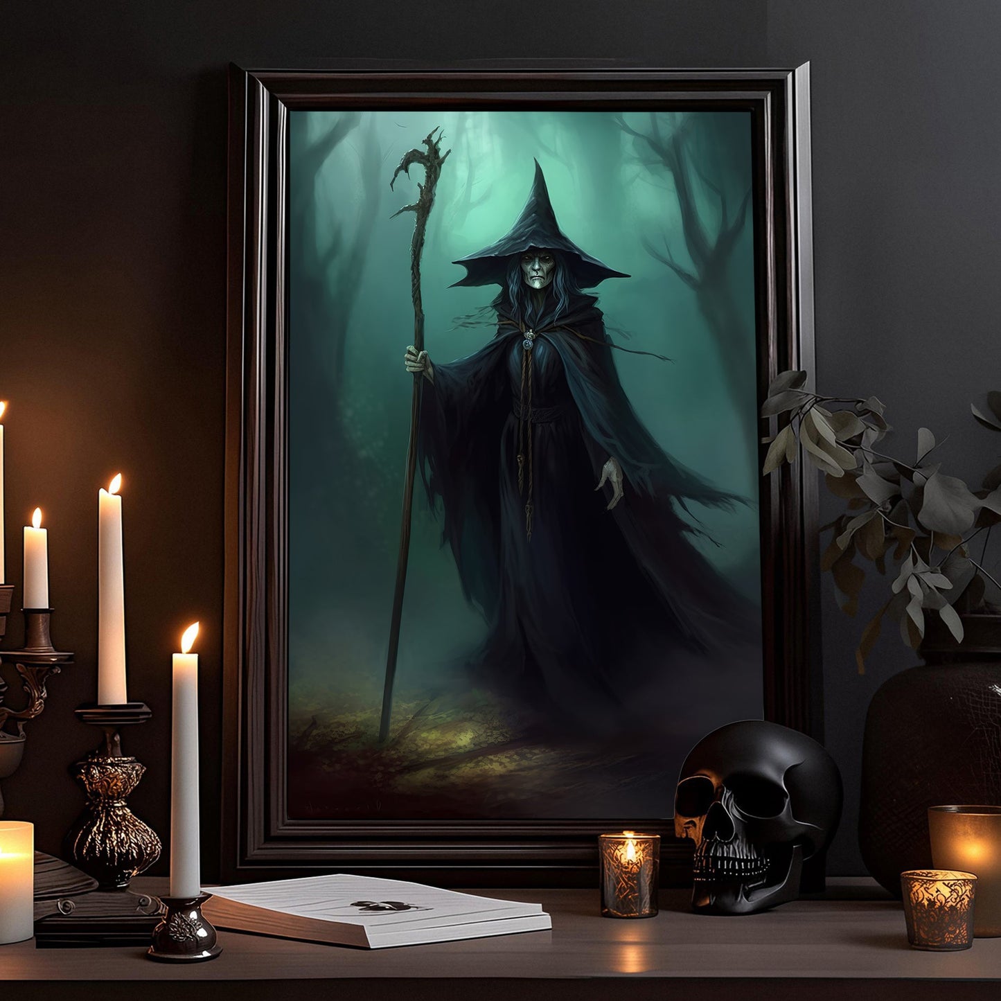 The Dark Old Witch Moonlight In Forest Halloween Canvas Painting, Wall Art Decor - Dark Surreal Ghost Halloween Poster Gift