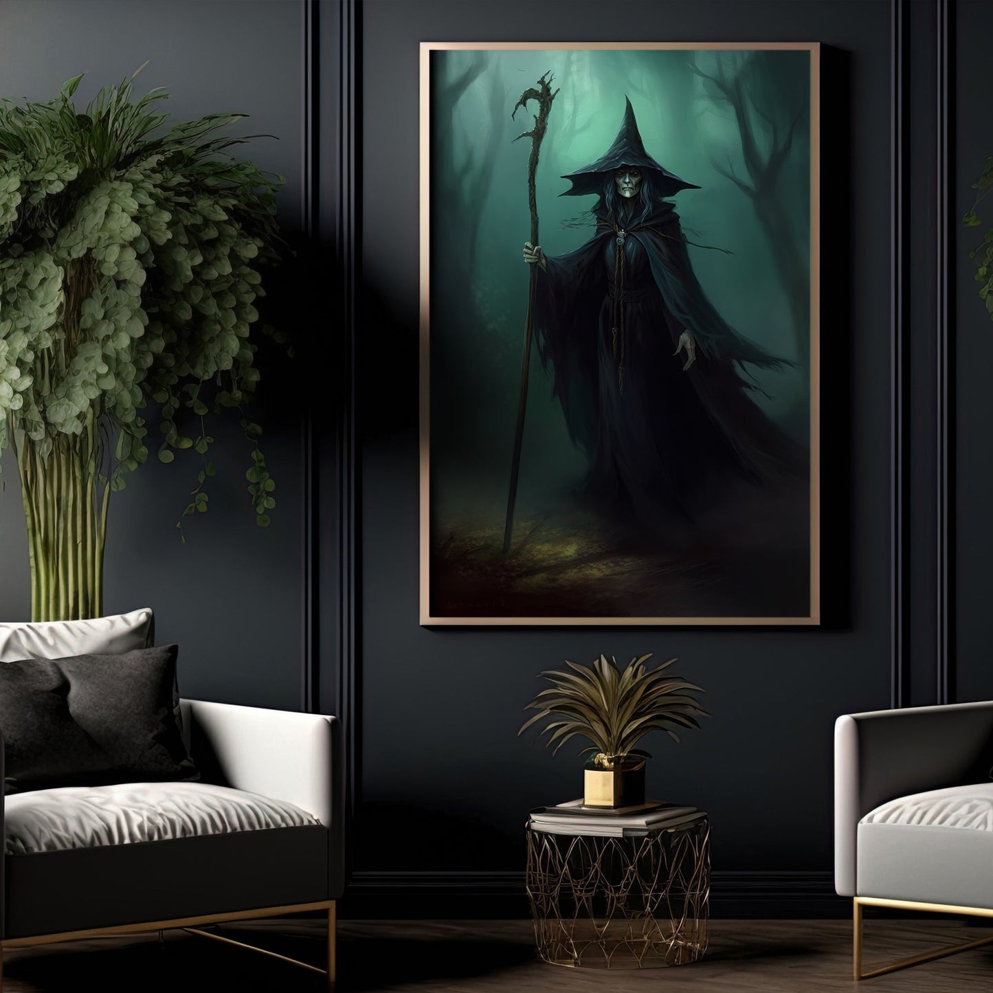 The Dark Old Witch Moonlight In Forest Halloween Canvas Painting, Wall Art Decor - Dark Surreal Ghost Halloween Poster Gift