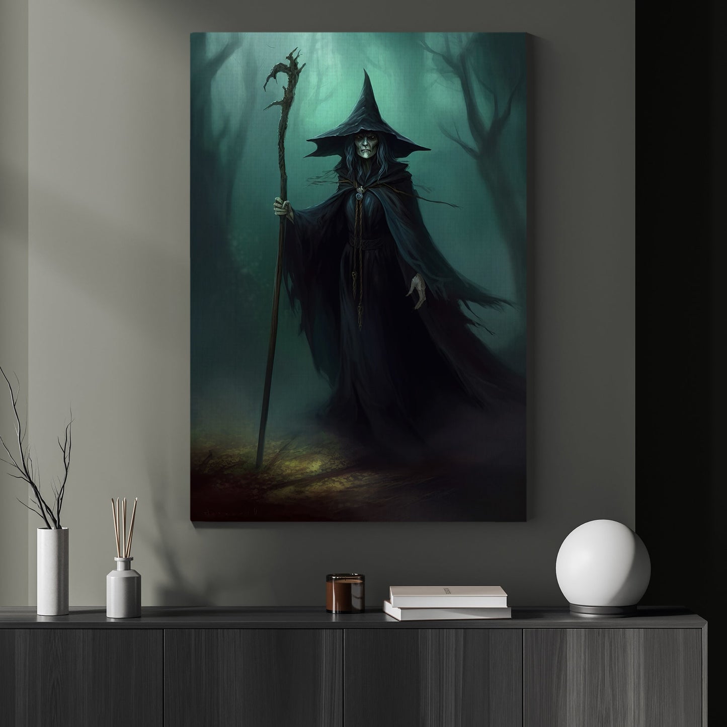 The Dark Old Witch Moonlight In Forest Halloween Canvas Painting, Wall Art Decor - Dark Surreal Ghost Halloween Poster Gift