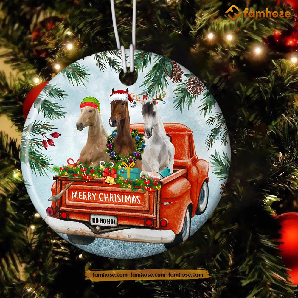 Christmas Horse Ornament, Cute Horse Together On Tractor Horse Lovers, Circle Ceramic Ornament