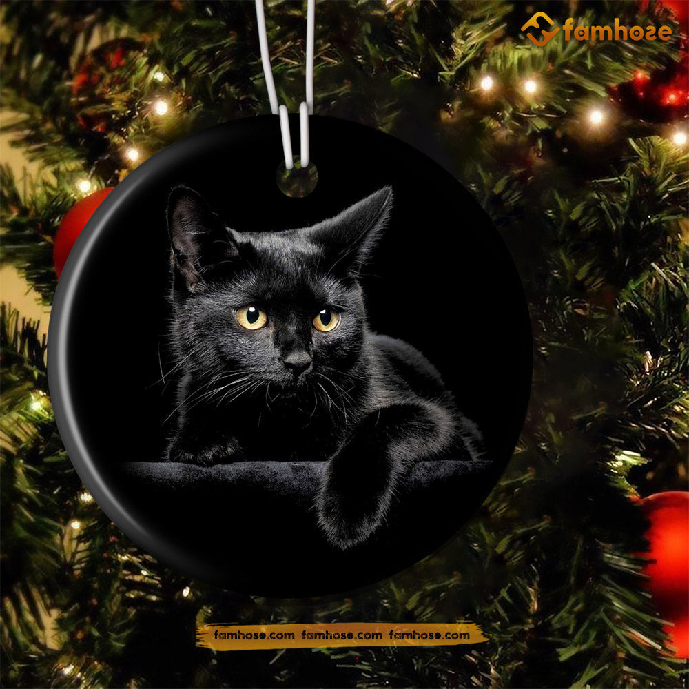 Christmas Cat Ornament, Black Cat Alone Gift For Cat Lovers, Circle Ceramic Ornament