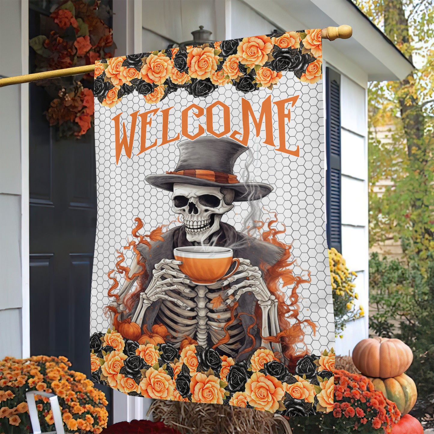Halloween Flag, Human Skeleton Holding A Cup Of Tea, Flag Gift For Halloween, Gift For Garden Flag