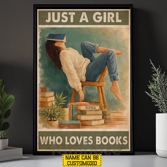 Personalized Reading Girl Canvas Painting, Just A Girl Who Loves Books Wall Art Decor, Poster Gift For Book Lover