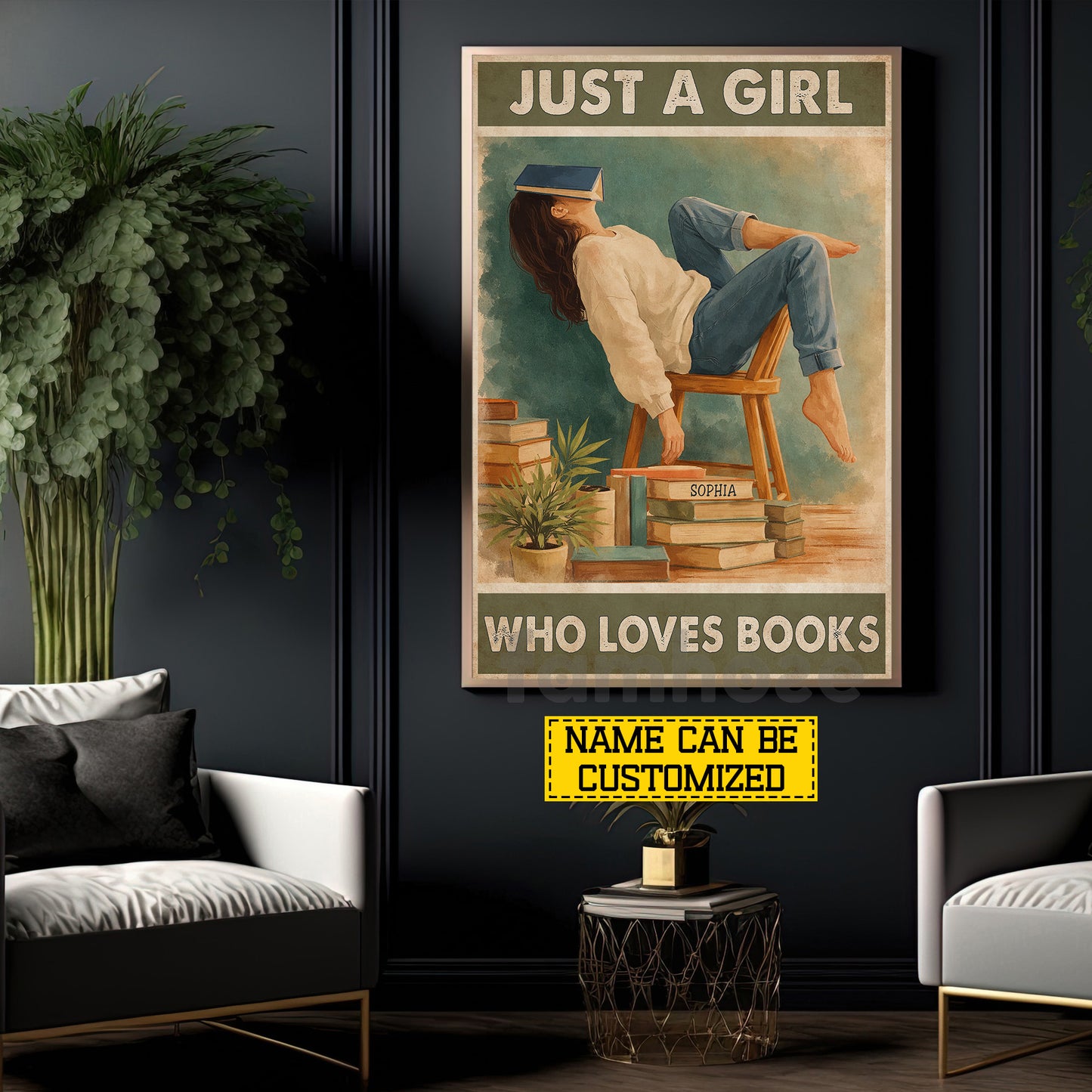 Personalized Reading Girl Canvas Painting, Just A Girl Who Loves Books Wall Art Decor, Poster Gift For Book Lover