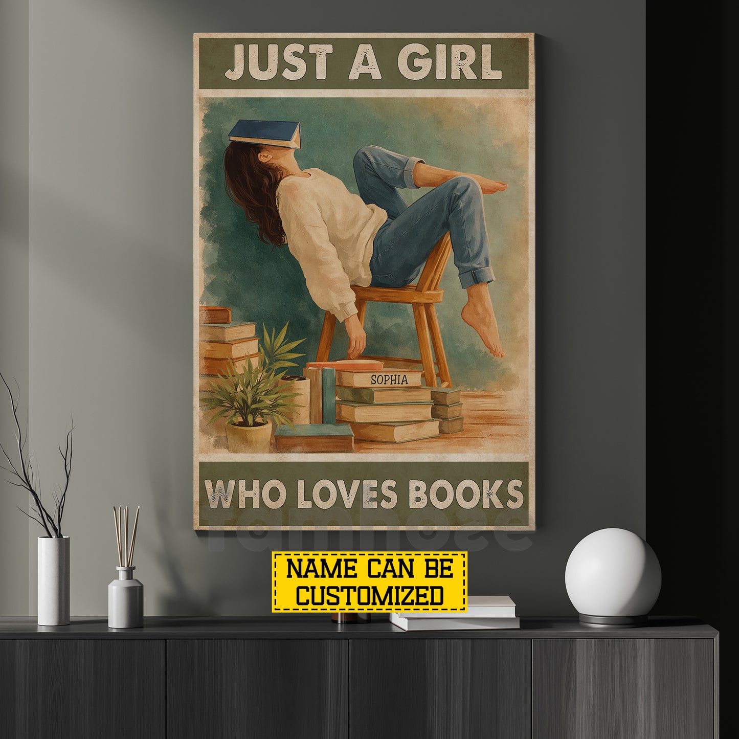 Personalized Reading Girl Canvas Painting, Just A Girl Who Loves Books Wall Art Decor, Poster Gift For Book Lover