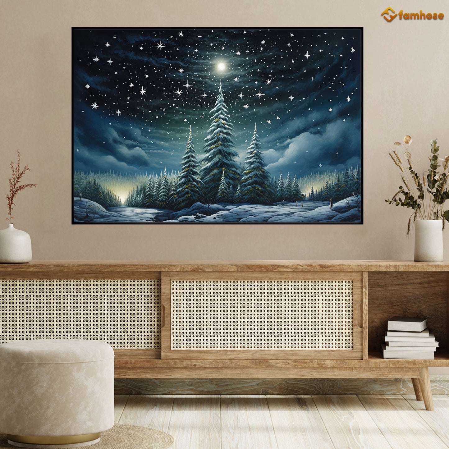 Christmas Pine Forest In The Middle Of A Starry Sky, Christmas Canvas Painting, Xmas Wall Art Decor - Christmas Poster Gift