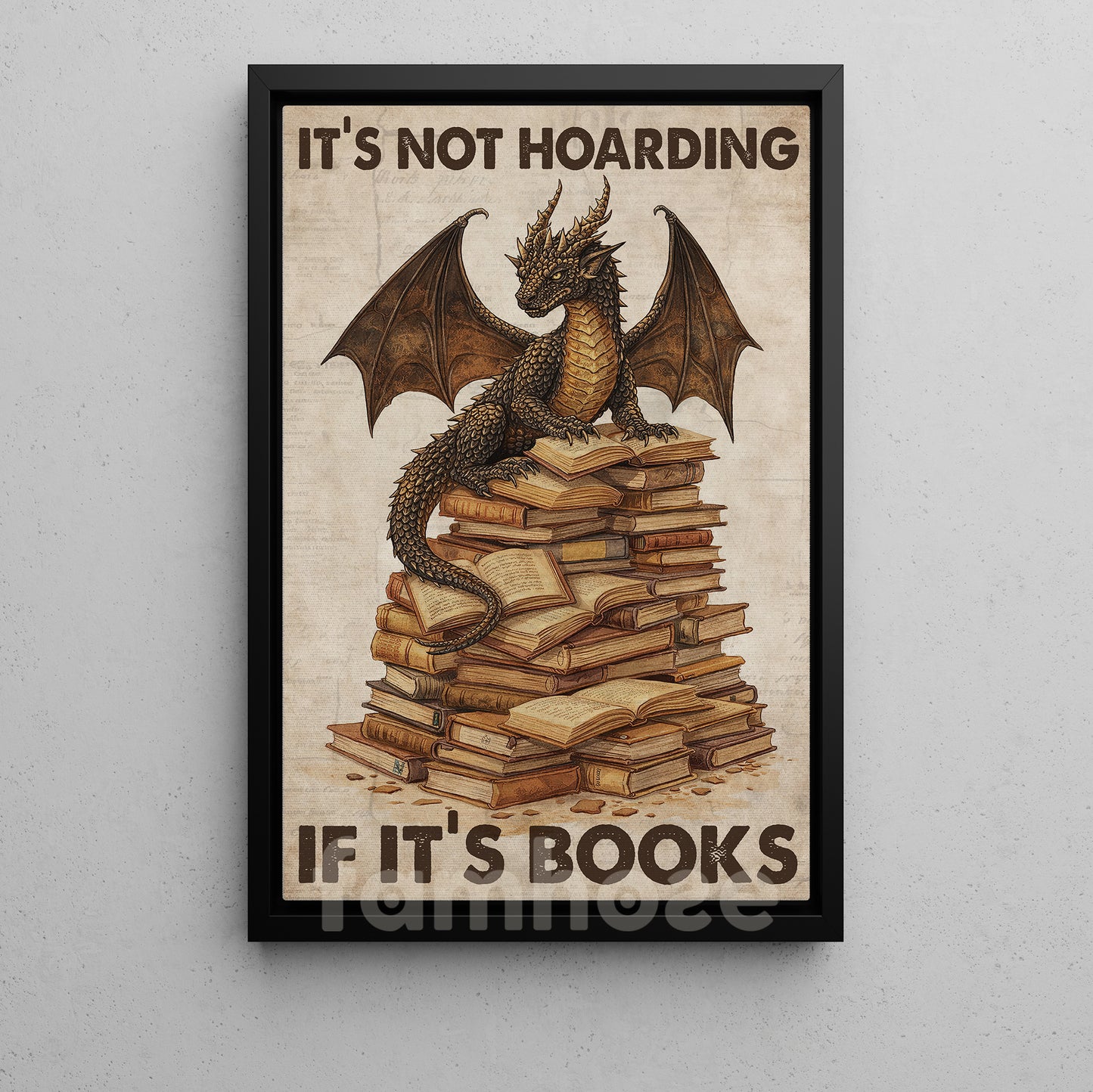 Reading Dragon Canvas Painting, It's Not Hoarding If It's Books Wall Art Decor, Poster Gift For Book Lover, Dragon Lover