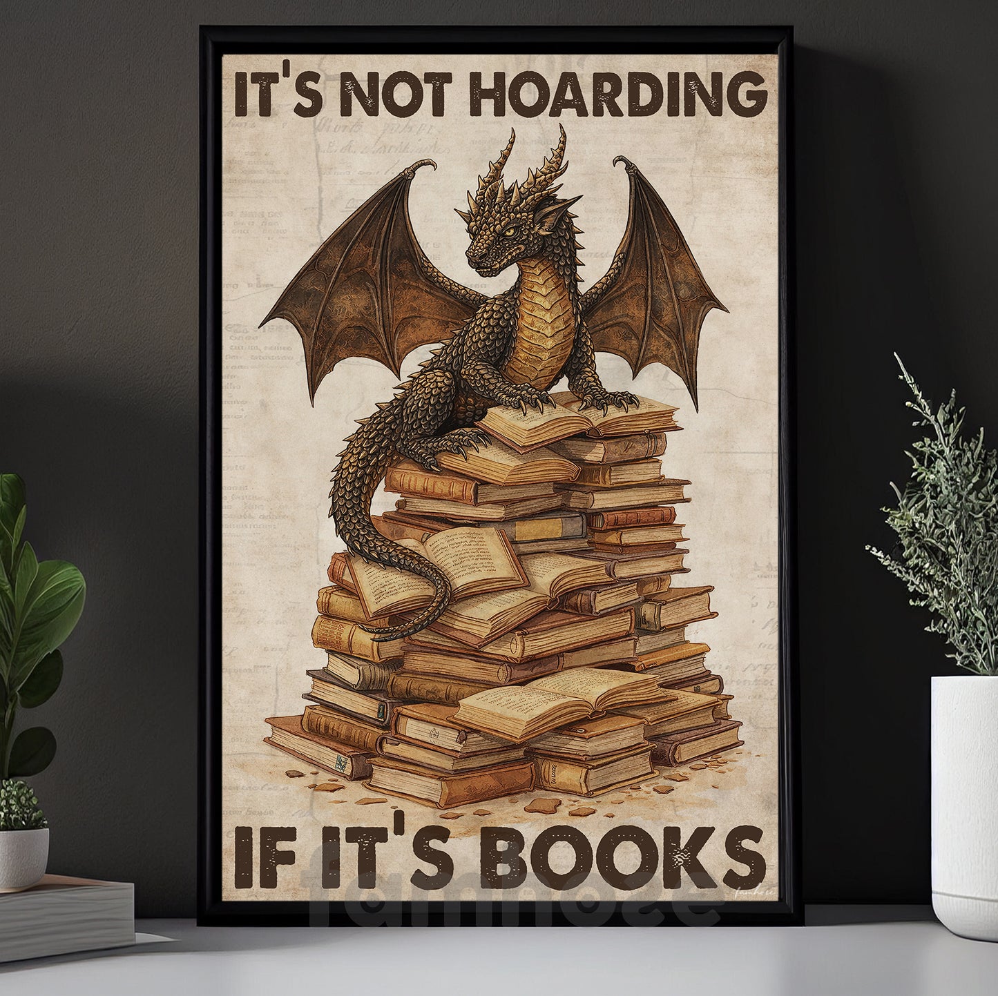 Reading Dragon Canvas Painting, It's Not Hoarding If It's Books Wall Art Decor, Poster Gift For Book Lover, Dragon Lover