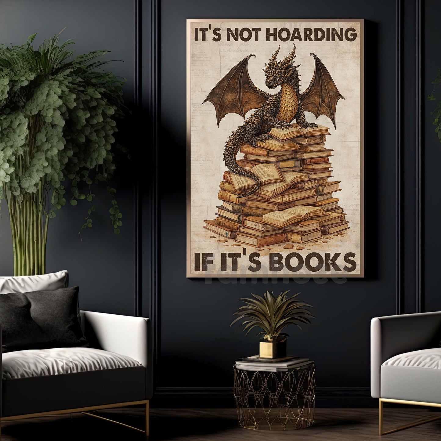 Reading Dragon Canvas Painting, It's Not Hoarding If It's Books Wall Art Decor, Poster Gift For Book Lover, Dragon Lover