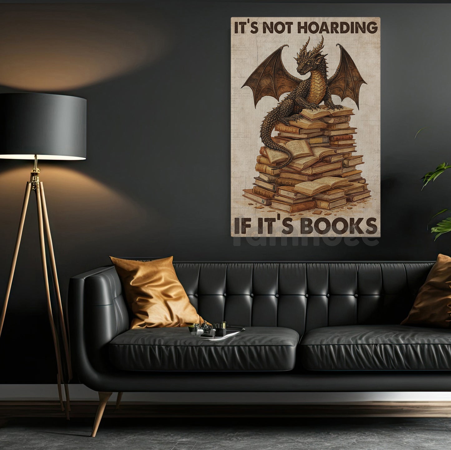Reading Dragon Canvas Painting, It's Not Hoarding If It's Books Wall Art Decor, Poster Gift For Book Lover, Dragon Lover