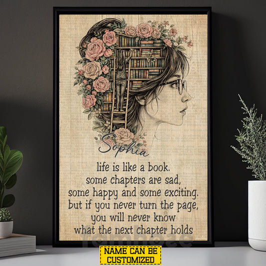 Vintage Personalized Reading Girl Canvas Painting, Life Is Like A Book Wall Art Decor, Poster Gift For Book Lover