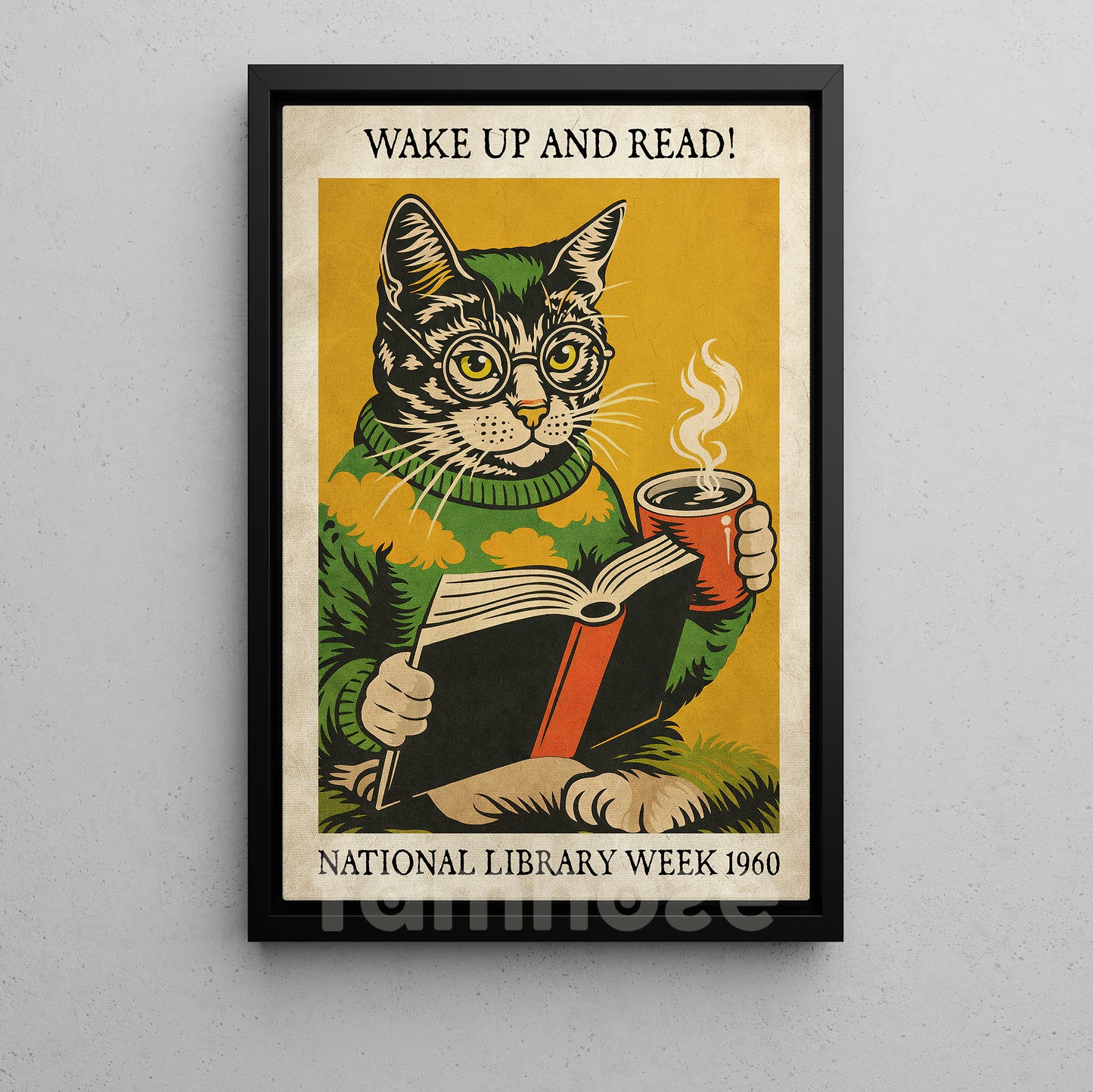 Reading Cat Canvas Painting, Wake Up And Read Wall Art Decor, Poster Gift For Book Lover, Cat Lover