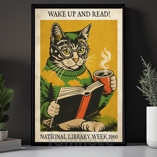 Reading Cat Canvas Painting, Wake Up And Read Wall Art Decor, Poster Gift For Book Lover, Cat Lover