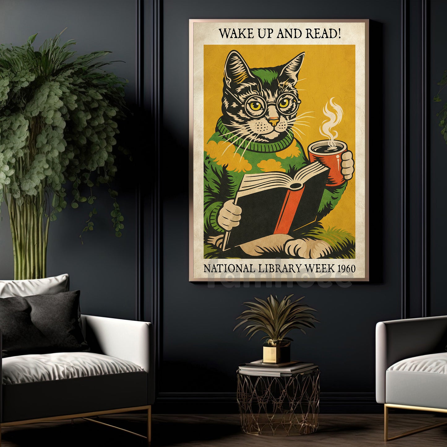 Reading Cat Canvas Painting, Wake Up And Read Wall Art Decor, Poster Gift For Book Lover, Cat Lover