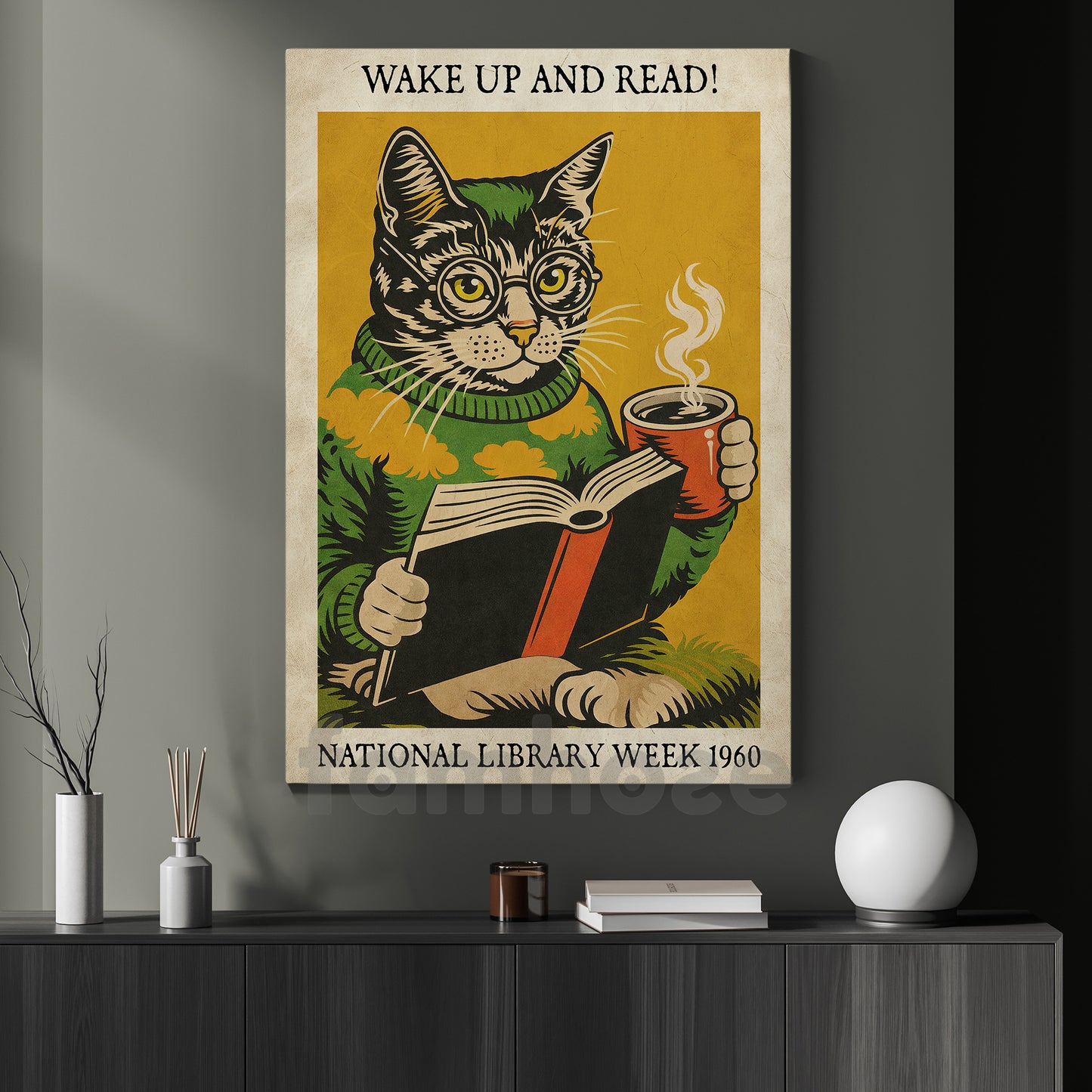Reading Cat Canvas Painting, Wake Up And Read Wall Art Decor, Poster Gift For Book Lover, Cat Lover