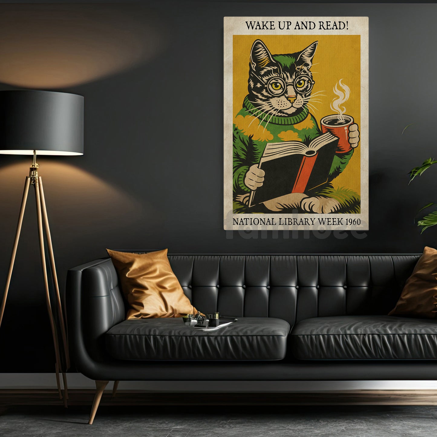 Reading Cat Canvas Painting, Wake Up And Read Wall Art Decor, Poster Gift For Book Lover, Cat Lover