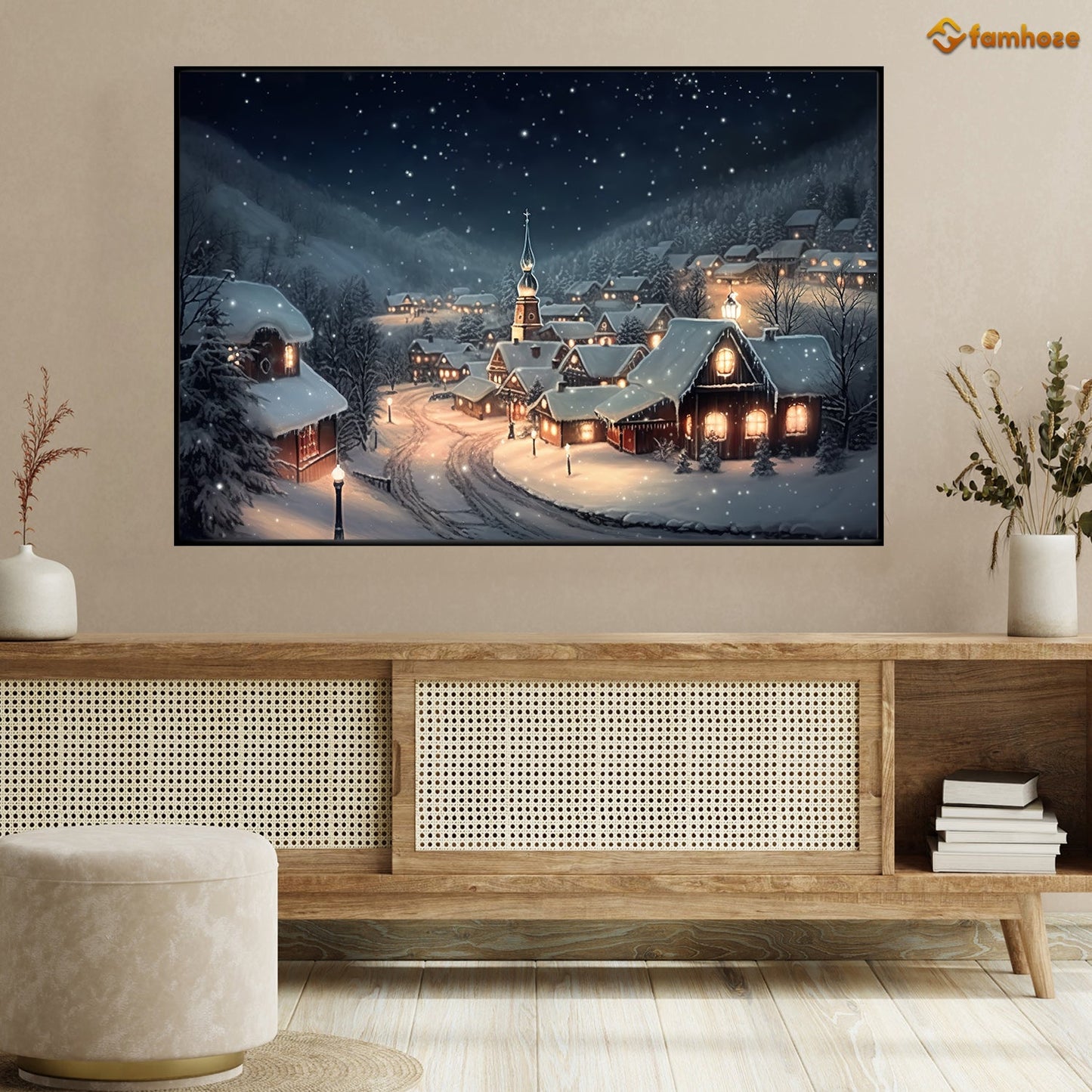 Christmas Night Panorama Of The Town Feels Peaceful, Christmas Canvas Painting, Xmas Wall Art Decor - Christmas Poster Gift