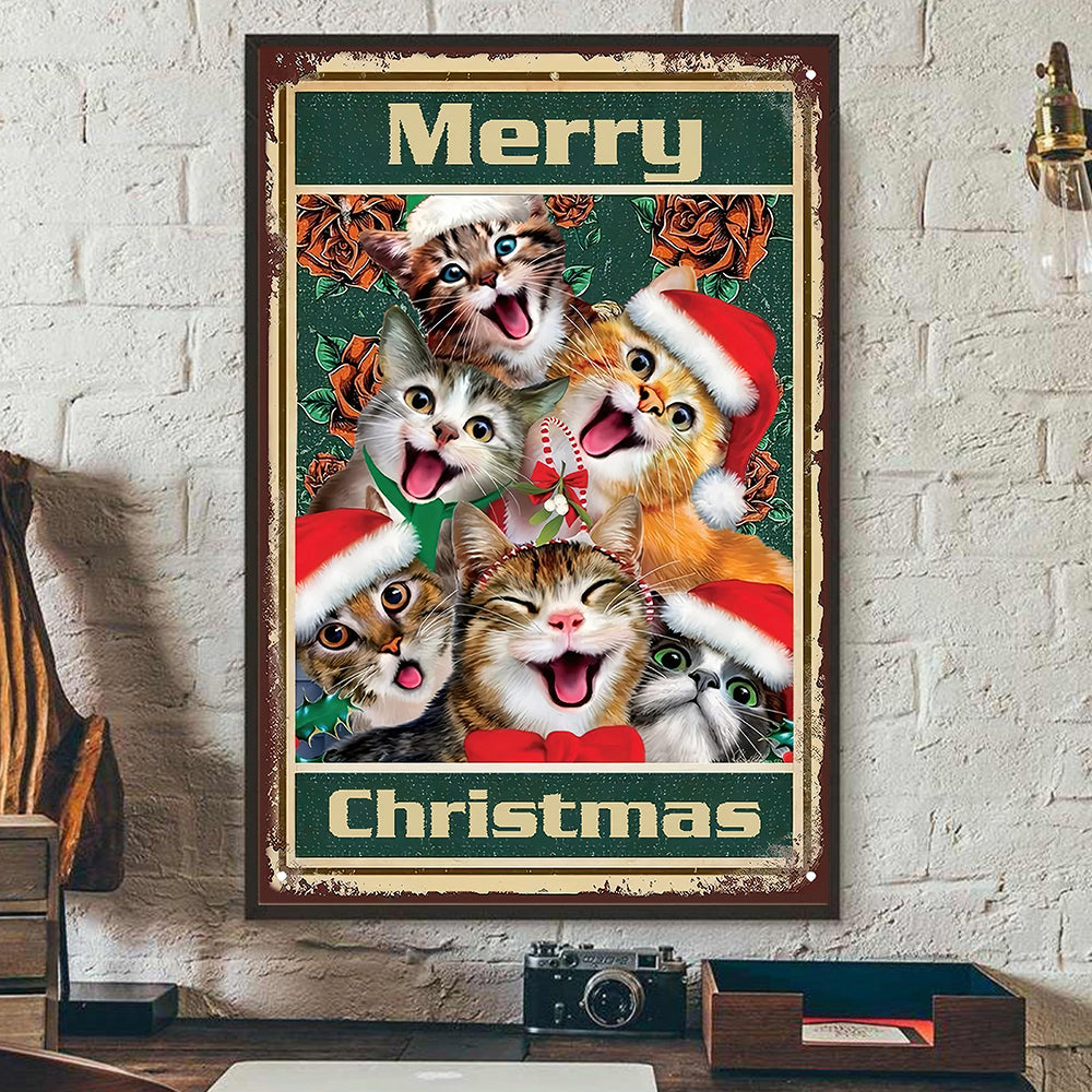 Merry Christmas Cats Smile, Cat Christmas Canvas Painting, Xmas Wall Art Decor - Cat Poster Gift