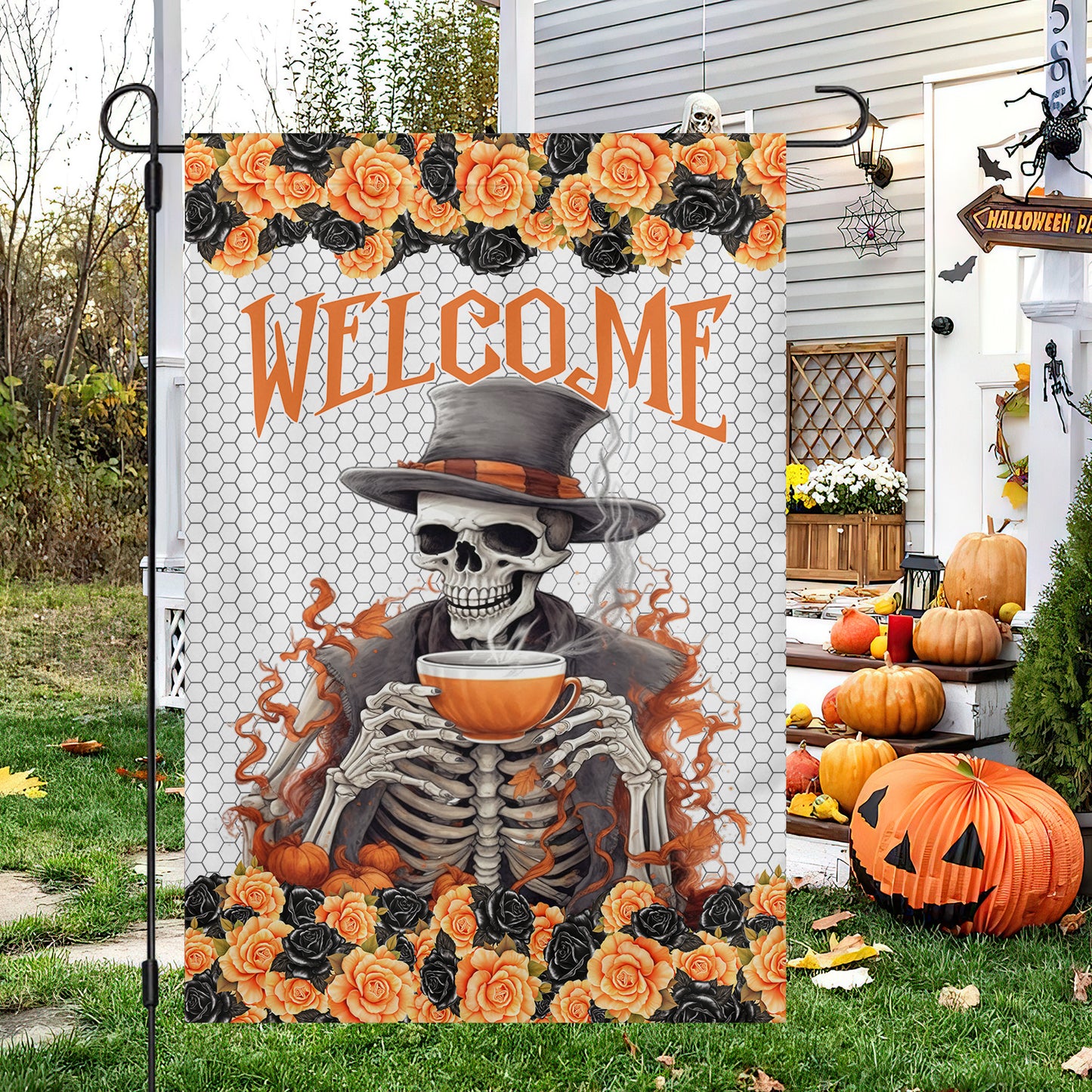Halloween Flag, Human Skeleton Holding A Cup Of Tea, Flag Gift For Halloween, Gift For Garden Flag